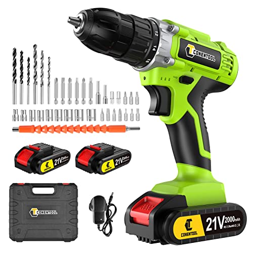 Conentool 21V Cordless Drill with 2 * 2000mAh Batteries, 45N.m Electric Drill, 0-650/0-1850rpm 2 Speed Combi Drills, 25+1 Torque Setting Power Drill, 36pcs Accessories Electric Screwdriver Set, Green Conentool 21V Cordless Drill with 2 * 2000mAh Batteries, 45N.m Electric Drill, 0-650/0-1850rpm 2 Speed Combi Drills, 25+1 Torque Setting Power Drill, 36pcs Accessories Electric Screwdriver Set, Green