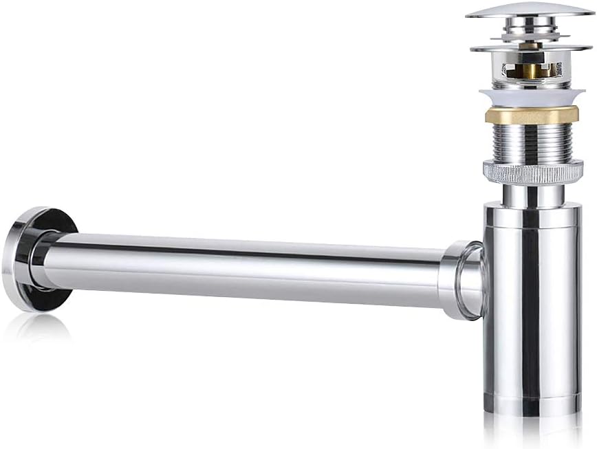 Round 1 1/4" Bottle P-Trap Waste Pipe Tube Adjustable Height&Outlet Pop-up Drain Stopper Kit Assembly with Overflow for Bathroom Kitchen Washbasin Basin Sink Faucet Chrome (HM1907)
