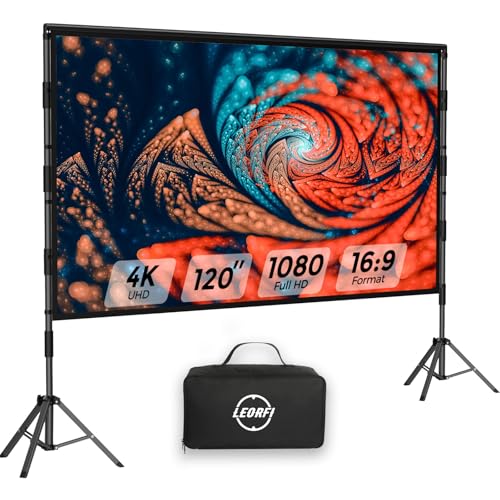 Pantalla de Proyección Portátil 120 Pulgadas con Trípode – LEORFI para Interior y Exterior, Tela de Proyección 4K HD 16:9 Modo Front/Rear, Ligera con Bolsa de Transporte y Accesorios de Fijación