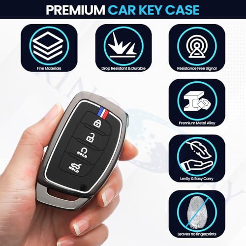 Image of KINGSWAY Hyundai Car Key Cover and Keychain Perfect Shape and Compatible with 4 Buttons Smart Key of All Hyundai Cars, Remote Key Shell, Key Case, Car Key Chain Cover, 360 Protection, Gunmetal Grey