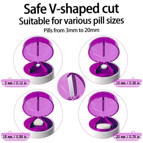 Pill Cutter Splitter for Small and Tiny Pills Vitamins Tablets, Built-in Storage Compartment, Pill Crusher Fine Powder with Stainless Steel Grinding Head,Pills Grinder with Pill Box Organizer (Purple) — view 4