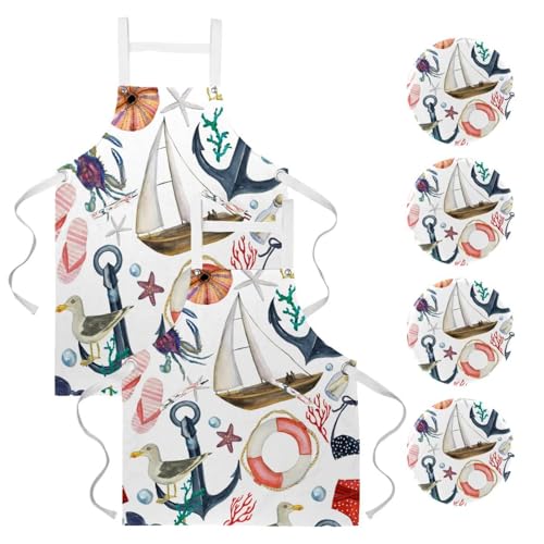 Lot de 2 tabliers de cuisine pour serveuse, bar et nettoyage avec broches ancre et oiseau
