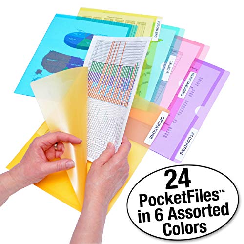 Ultimate Office PocketFile Clear Poly Document Folder Project Pockets, Full-Cut, Letter Size, in 6 Assorted Colors (Purple, Orange, Green, Red, Yellow, Blue), Set of 24