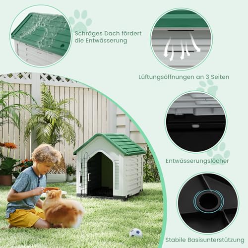 GOPLUS Hundehütte Outdoor, Hundehütte wetterfest mit verschließbarer Gittertür & erhöhter Boden, Luftventile, Schrägdach, Hundekäfig Indoor, Haustierhaus Zuhause für Hunde & Katzen (Grün)