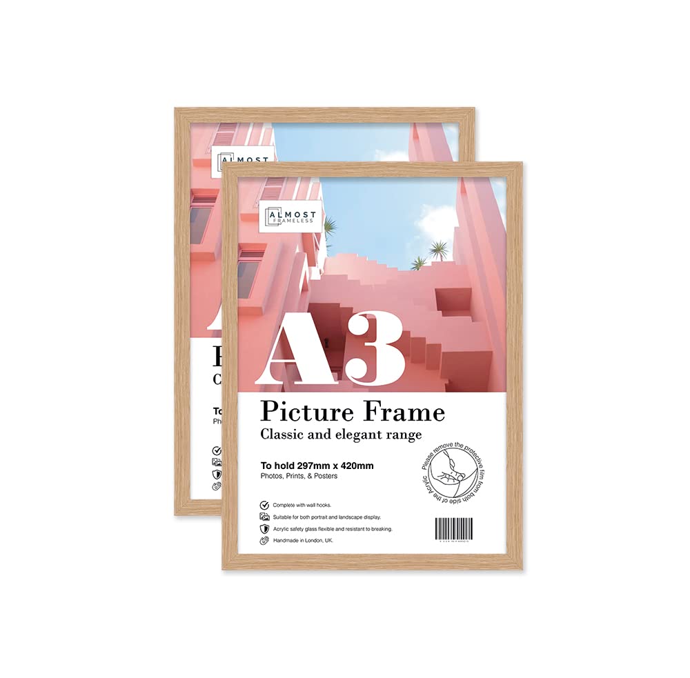 Almost Frameless A3 Oak Picture Frame Set of 2, Display A3 Picture Gallery Wall, Poster, Photo, Artwork, or Print, Oak
