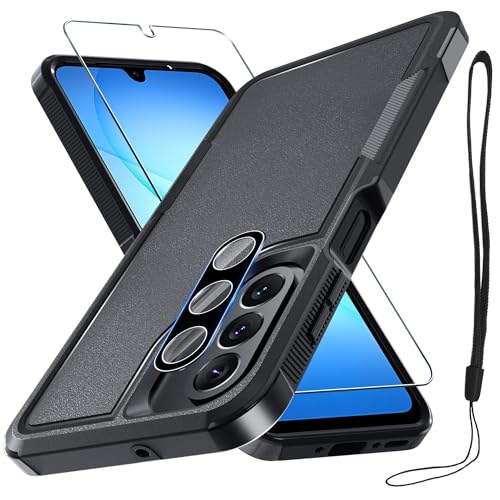 RMOCR Case for Samsung Galaxy A17 5G Phone Cover with Screen Protector+Camera Lens Cover,Military Grade Heavy Duty Shockproof PhoneCase with Wrist Lanyard Strap for Sam A17,Black Matte