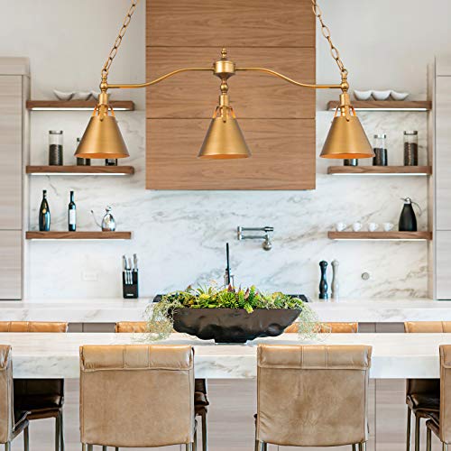 Gold Chandelier, 3-Light Kitchen Island Lighting, 32" Linear Farmhouse Chandelier for Dining Room, with Cone Shades, Brushed Antique Gold - Image 5