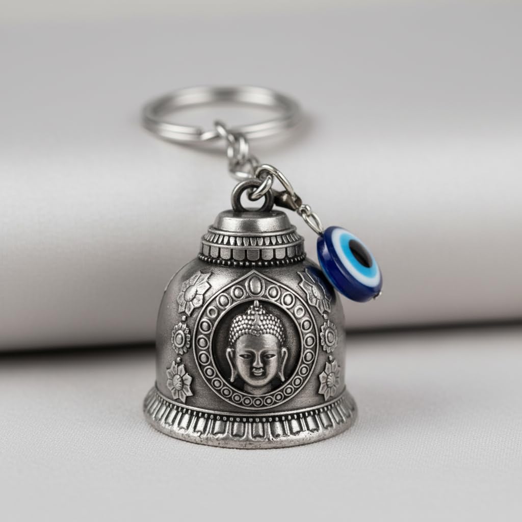 AeroStark Silver Buddha Guardian Bell for Bike with Evil Eye Keychain | Spiritual Protection Bell for Motorcycle, Car & Scooter | Anti Negative Energy Charm | Lucky Ride Safety Bell-image-16