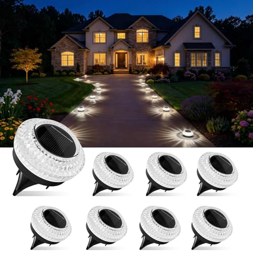 Gahomlumy Solar Ground Lights Outdoor 8 Pack 2.8 inch Solar Powered Pathway Lights IP67 Waterproof Anti Glare Diamond Solar Garden Lights Landscape Lighting for Patio Yard Deck Walkway Cold White