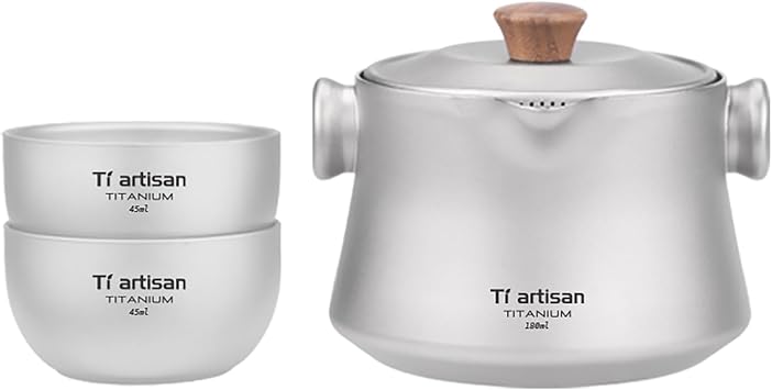 Titanium Tea Set with Strainer Dividing Teapot 180ml and 2 Teacup, Portable Teapot Tea Bowl Backpacking Tea Set with storage bag for Camping Travel Home Office Sandblasted