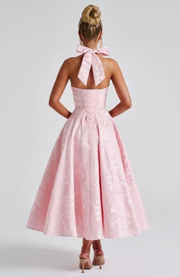 Jacquard Satin Midi Dresses for Women 2025 Sweetheart A-Line Prom Cocktail Gown2