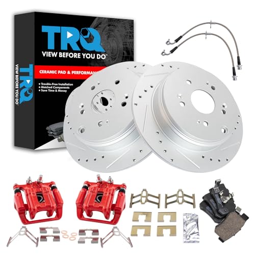 Image of TRQ Performance Rear Brake Pad and Rotor Set Ceramic Slotted Drilled Coated