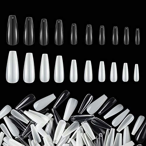 1000 PCS Acrylic Nails Kit, Long Coffin False Nails Tips For Nail Salons And DIY Nail, Artificial Full Cover Nail Tips, 2 Colors Nature & Clear Fake Nail Tips, 10 Size