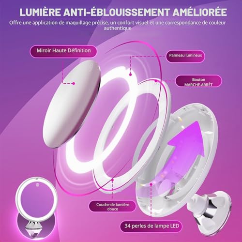 Auxmir Miroir Grossissant 30X Lumineux à Ventouse, 3 Modes d'Éclairage LED – vue 7