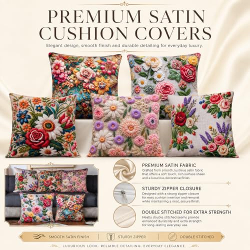 Image of Decorative Satin Sofa Cushion Covers Set of 5, 24 Inch x 24 Inch, Multicolor 3D Floral Sofa Pillow Covers, Embroidery-Effect HD Digital Print, Zipper Closure (Rosella, 24X24 Inches)