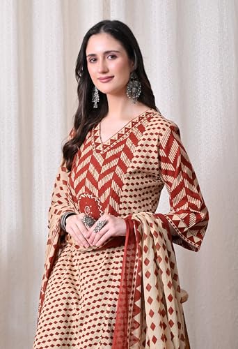 Image of MEERA FAB Women's Cotton Straight Kurta Set, Floral Print with Yoke, with Dupatta and Pants