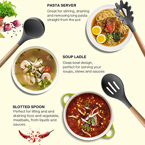 MIBOTE 17 Pcs Silicone Cooking Kitchen Utensils Set with Holder, Wooden Handles Silicone Turner Tongs Spatula Spoon Kitchen Gadgets Utensil Set for Nonstick Cookware (Grey) by MIBOTE - Image 2