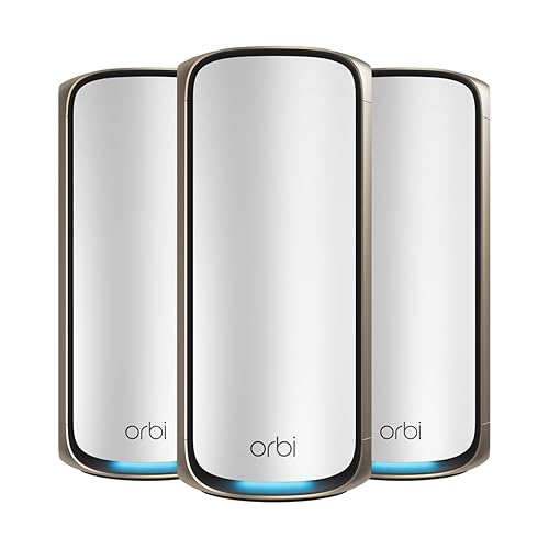 NETGEAR Orbi 970 Series Quad-Band WiFi 7 Mesh Network System (RBE973S), Router + 2 Satellite Extenders, Security Features, Up to 27Gbps, Covers Up to 10,000 sq. ft., 200 Devices, 10 Gig Internet Port