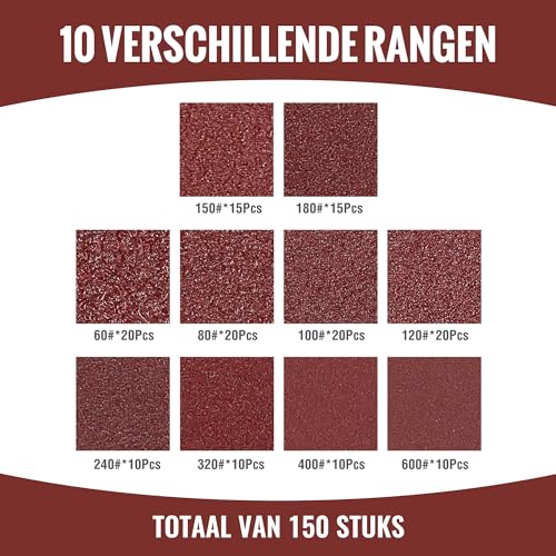 WORKPRO Schuurschijven 150 stuks, 125 mm schuurschijven met 8 gaten, korrel 60, 80, 100, 120, 150,180, 240, 320, 400, 600 voor polijsten, verwijderen, afwerking - Afbeelding 3