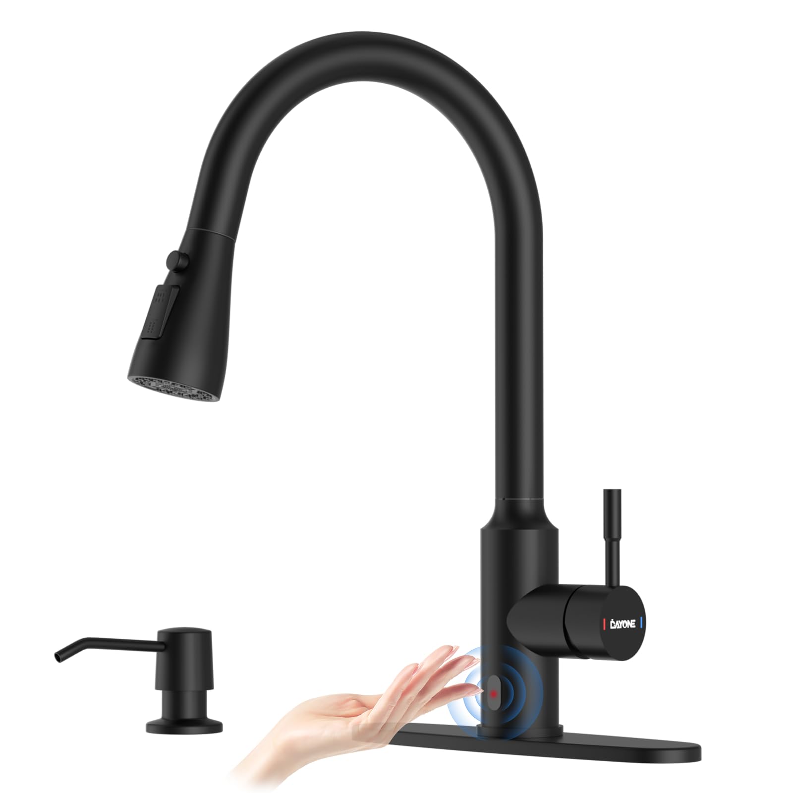 DAYONE Touchless Kitchen Sink Faucet with Pull Down Sprayer and Soap Dispenser, Black 3 Modes Motion Sensor Hands-Free Single Handle Touch Faucet for Kitchen Sink High Arc