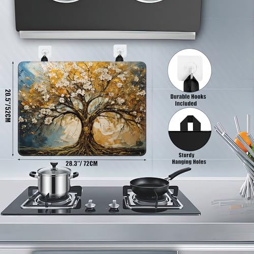 Image of Gold Tree Stove Top Covers for Electric Stove,Spring White Flower Glass Top Stove Cover, Heat Resistant Range Covers for Electric Stove,Washable Countertop Mat, 28 x 20 Inch