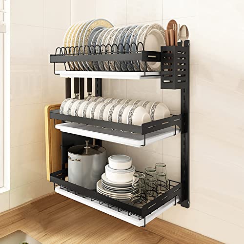 Escurridor de platos con bandeja de goteo de acero inoxidable montado en la pared, con soporte para cubiertos y ganchos, suministros de cocina para frutas, verduras, platos, cuencos, tazas, estante de