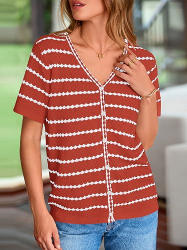 Image of NALANISA Women's Short Sleeve Sweater Spring Summer Crochet Knit Tops 2026 V Neck Striped Button Down Dressy Casual Blouses