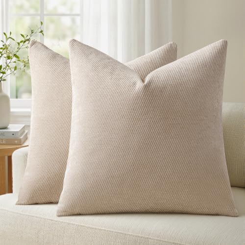 Image of a moment Pack of 2 Decorative Chenille Throw Pillow Covers with Twill Cushion Covers for Sofa Living Room Couch Bed 24x24 Inch Beige