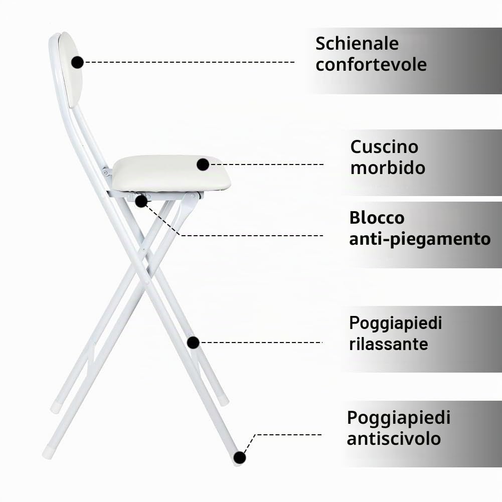 Sgabello Alto Pieghevole Imbottito 65cm con Schienale, Sedia da Bar Richiudibile 70cm con Poggiapiedi per Cucina, Ufficio, Negozio(White,65cm/26in)