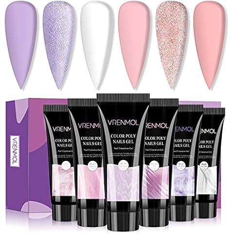 Vrenmol Glitter Poly Nails Gel, 6 Colors Nail Extensions Gel Builder for Nails Art Salon at Home Beginner DIY Shiny Purple Series Starter Kit Cover