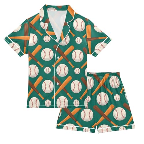 ALAZA Baseball Bat Green Satin Pajamas Set Short Sleeve Button Down Sleepwear Summer Pjs 2 Piece