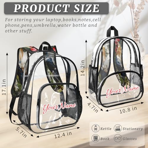 Personalized Large Clear Backpack Stadium Approved Heavy Duty PVC Plastic Custom Transparent Backpacks See Through Bag with Name, Rooster Spring Flowers4