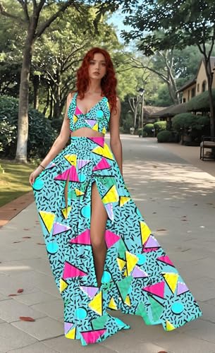 Image of Women Sexy 2 Piece Outfits Dress Chiffon Strap Deep V Neck Bra Crop Top High Split Maxi Dresses Skirt Set