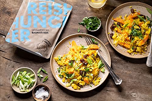 REISHUNGER BIO Mikrowellen Reis Basmati (6 x 250g) - Auch in 12 x 250g verfügbar - Express Reis fertig in 2 Minuten - Vegan, Glutenfrei & 100% Sortenrein