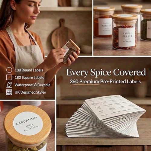 Image of TIENER 12 Pieces Bamboo Glass Jar Set 270 ml and Minimalist Waterproof Labels for Herb, Spices, Seasonings. Airtight Containers, Smell Proof, Food Grade Canisters for Kitchen Food Storage,