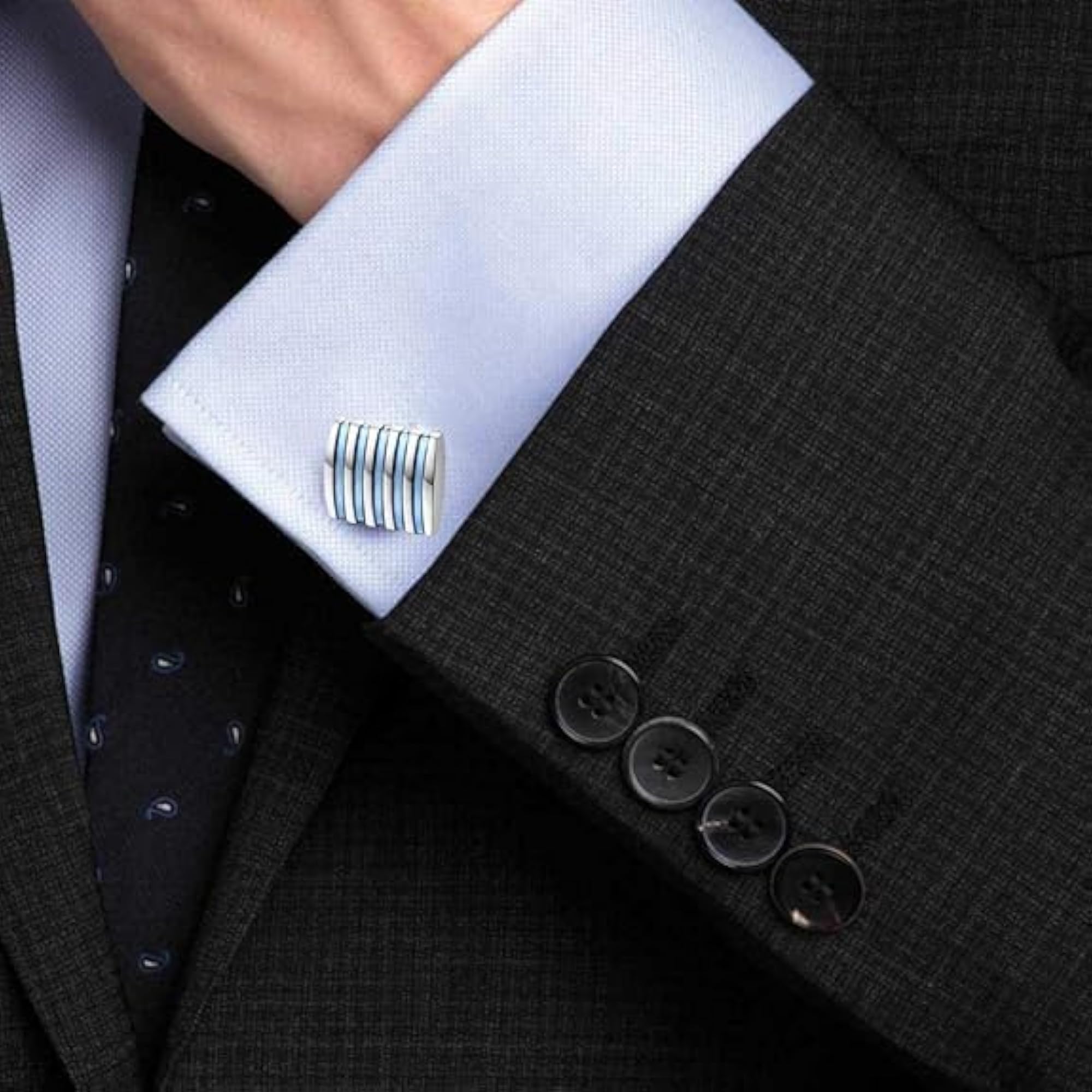 Men's Silver Formal Cufflinks with Blue Accent, Gift for Him