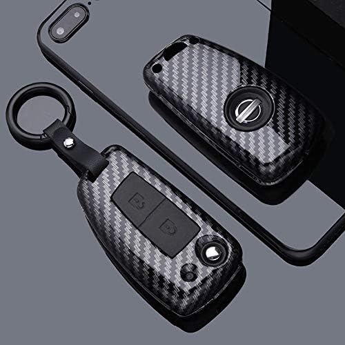 SANRILY 1Pcs 2-Button Flip Key Cover for Nissan Juke F15 Pulsar C13 Qashqai J11 2013-2016 Keyless Key Holder ABS Carbon Fiber Pattern Key Protective Case Shell with Keychain Black