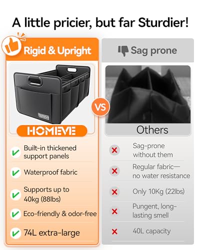 Homeve Car Trunk Organizer for SUV, 18.5Gal Large Capacity No-Sag Heavy Duty, Foldable Waterproof Anti-Slip Storage with 12 Pockets, Fit Sedan,Truck, Universal Car Accessories, Black, Large, 2 Compart - Image 5