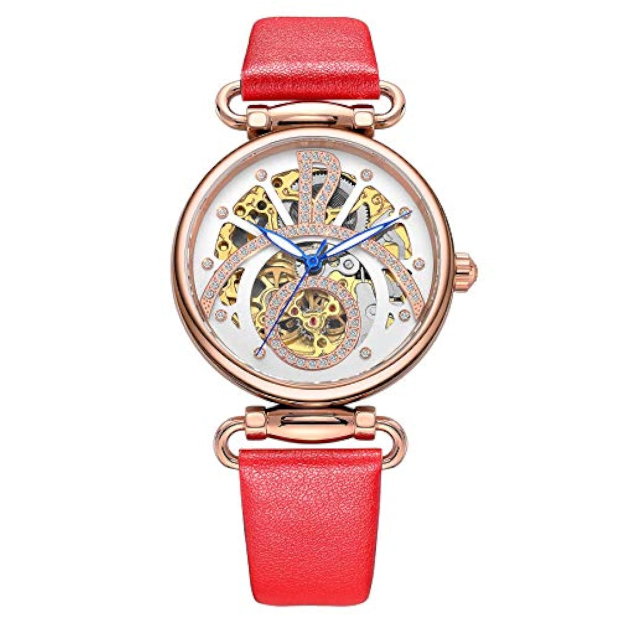 Women's Vintage Skull Automatic Mechanical Watch, Red Leather Strap