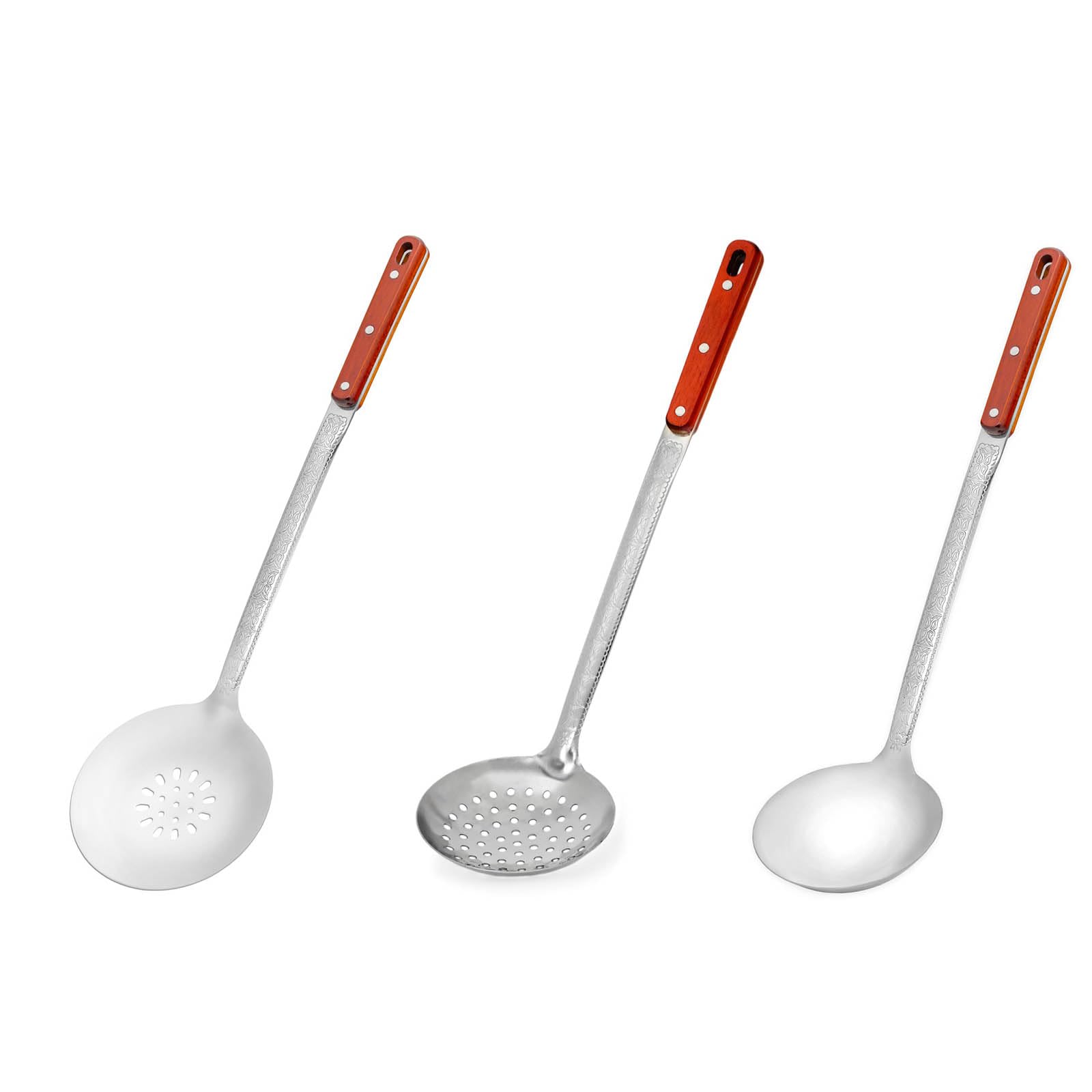 3er SET für Kazan Kasan Schaumlöffel 44cm + Schöpflöffel 43 cm lang + Rührlöffel Plov 47cm Holz-Griff Schaumkelle Suppenkelle - verzierte Stiele - Ornamente - Usbekische Art