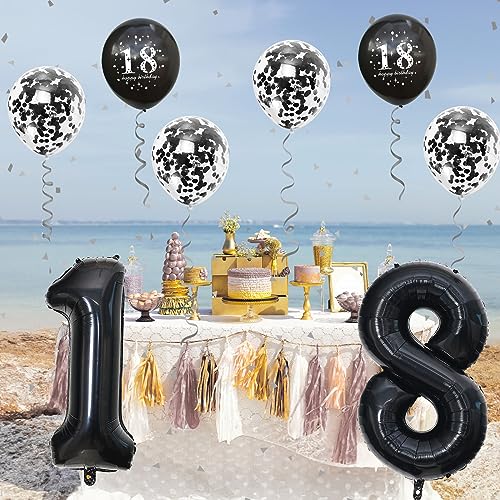 Image of 18th Birthday Decorations for Boys & Girls - 40 Inch Foil Number 18 Balloon, Black & Metallic Latex Balloons, Confetti, Set for 18 Years Old Birthday