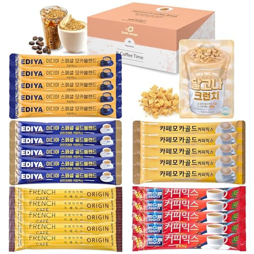 Cutie Mango Korea Mix Coffee 25 Sticks + Dalgona Crunch | Korean Favorite Instant Coffee Sampler Assortment Packet 5 Flavors (5 Sticks Each) | Chunk Sweet Dalgona Topping Home Camping Party Office
