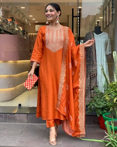 Image of Shiv Textiles Women's Chanderi Silk Embroidered Kurta Pant Dupatta Set(JDA-KRITVA-ORANGE-2XL)