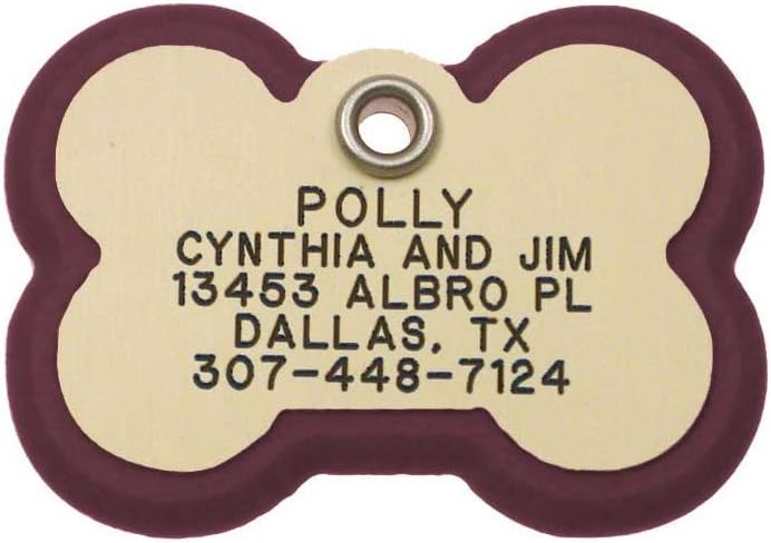LuckyPet Pet ID Tag, Bone Frame Tag, Rugged Dog Tags with Colorful Frame, Custom Engraved, Medium, Burgundy & Ivory Plastic
