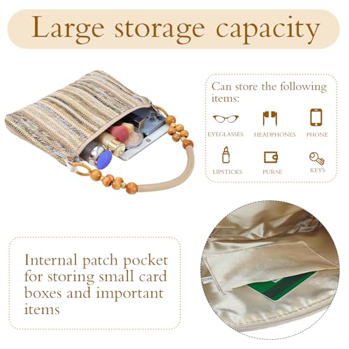 Image of Small Straw Shoulder Bag for Women, Woven Summer Handbag with Wooden Beaded Handle Vacation Purse