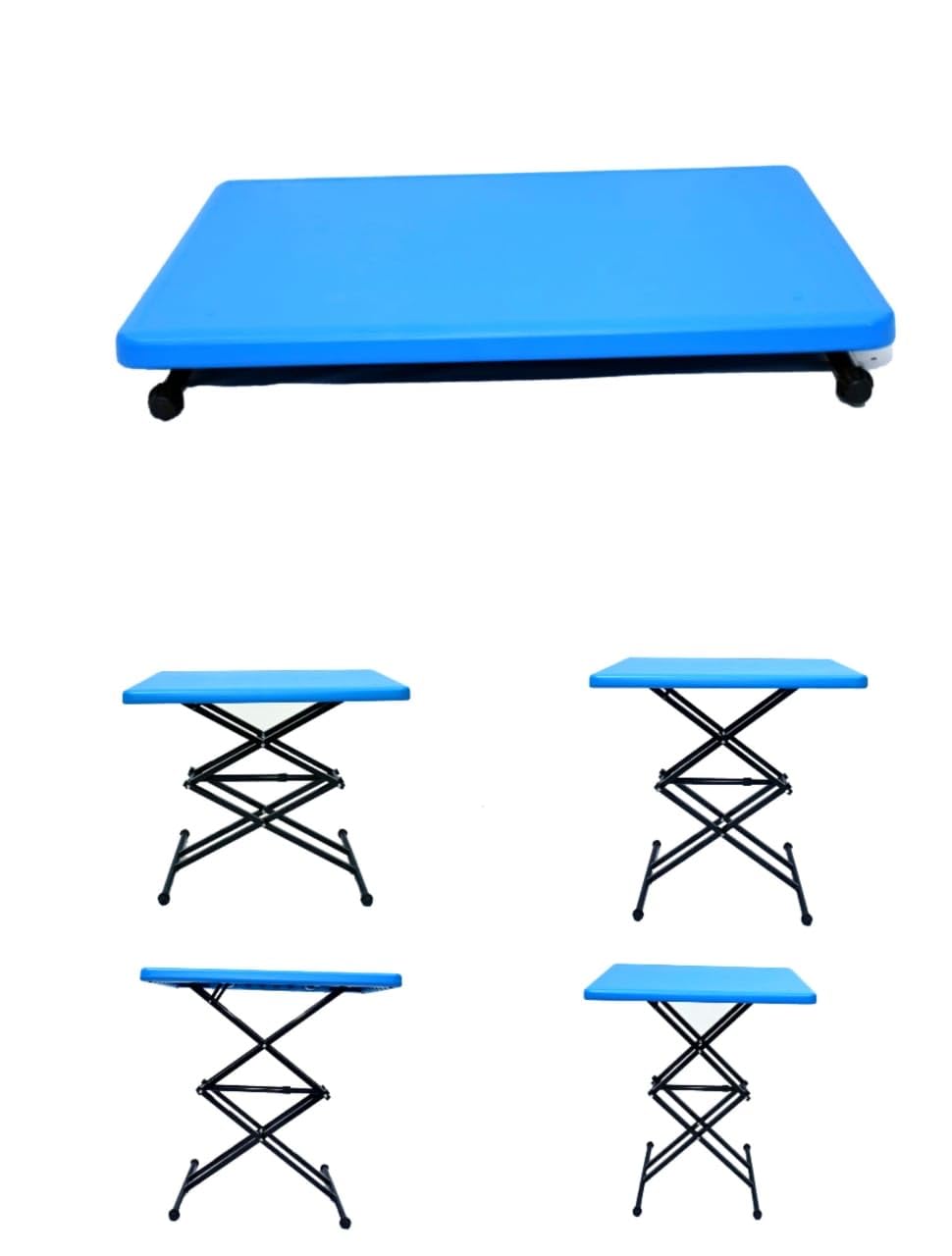 Space Magic Scissor Height-Adjustable Rectangular Multi-Purpose Contemporary Plastic Folding Table (Blue)-image-27