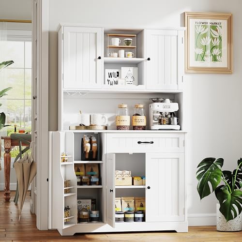 Gizoon Kitchen Pantry Cabinet with Countertop Kitchen Hutch Storage Cabinet 67.7" Tall Pantry Coffee Bar with Storage for Dining Room and Craft Room, White