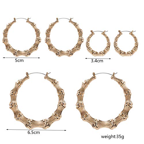 3 Pairs Gold Tone Large Bamboo Style Hoop Earrings for Women Round Circle Statement Hip-Hop Earrings4