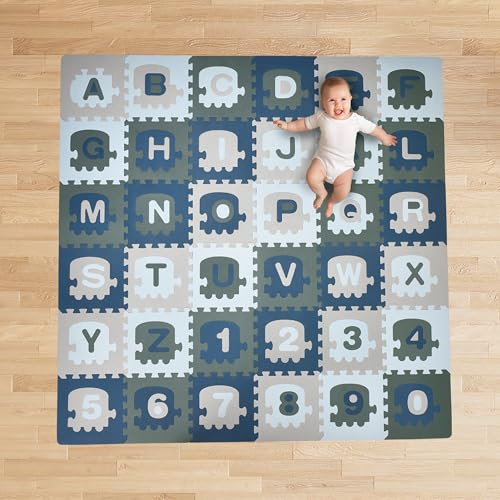 Image of CHILDLIKE BEHAVIOR Baby Play Mat - 72x72-Inch Soft Foam Interlocking Tiles with ABC and Numbers - Educational Activity Mat for Crawling Infants and Toddlers - Waterproof Playmat, Blue, Gray, Turquoise