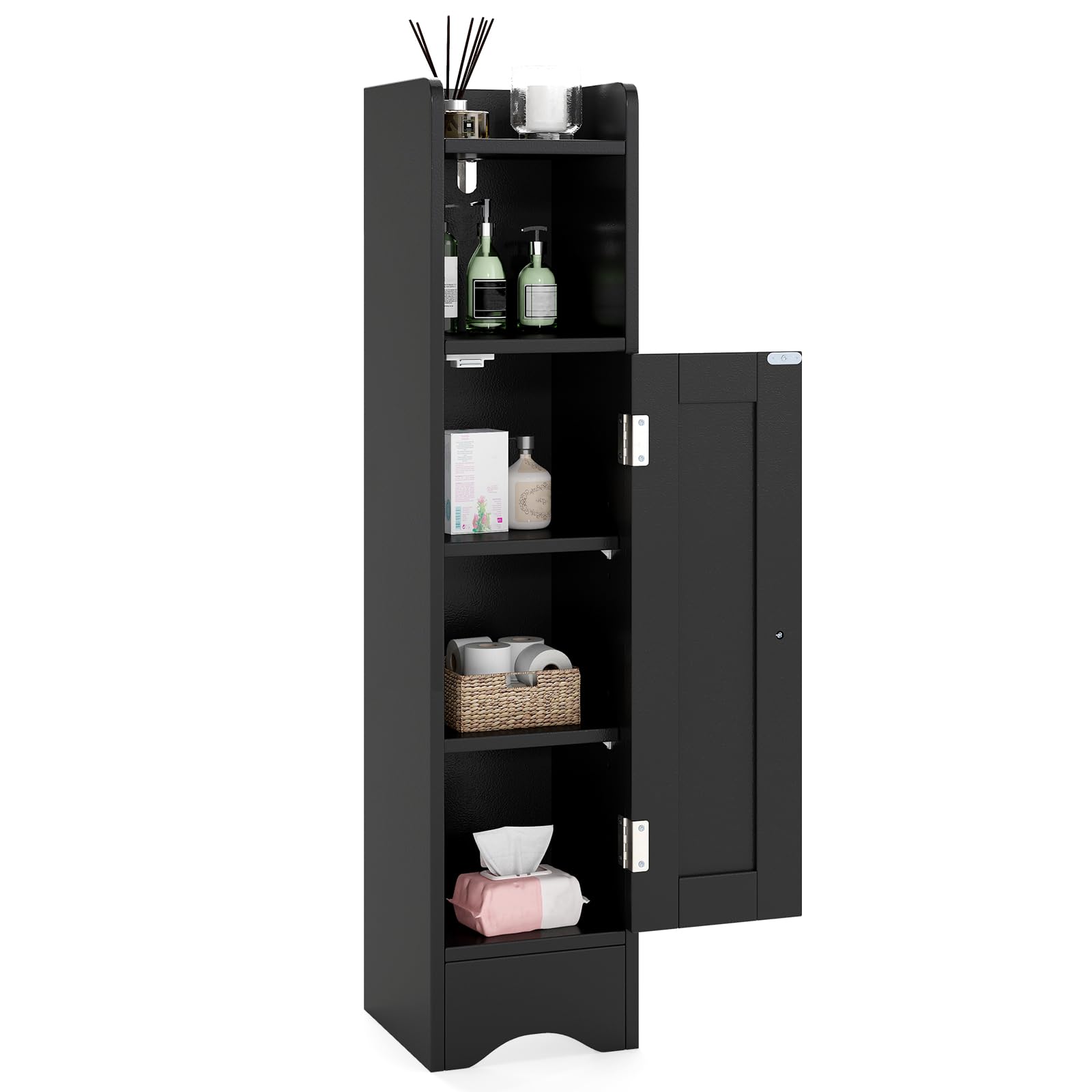 GIANTEX Armario Estrecho de Baño con Puerta, Mueble Organizador para Papel Higiénico con 5 Estantes de Almacenamiento, 2 Estantes Ajustables, 18 x 19,5 x 80 cm, para Salón, Lavandería (Negro)